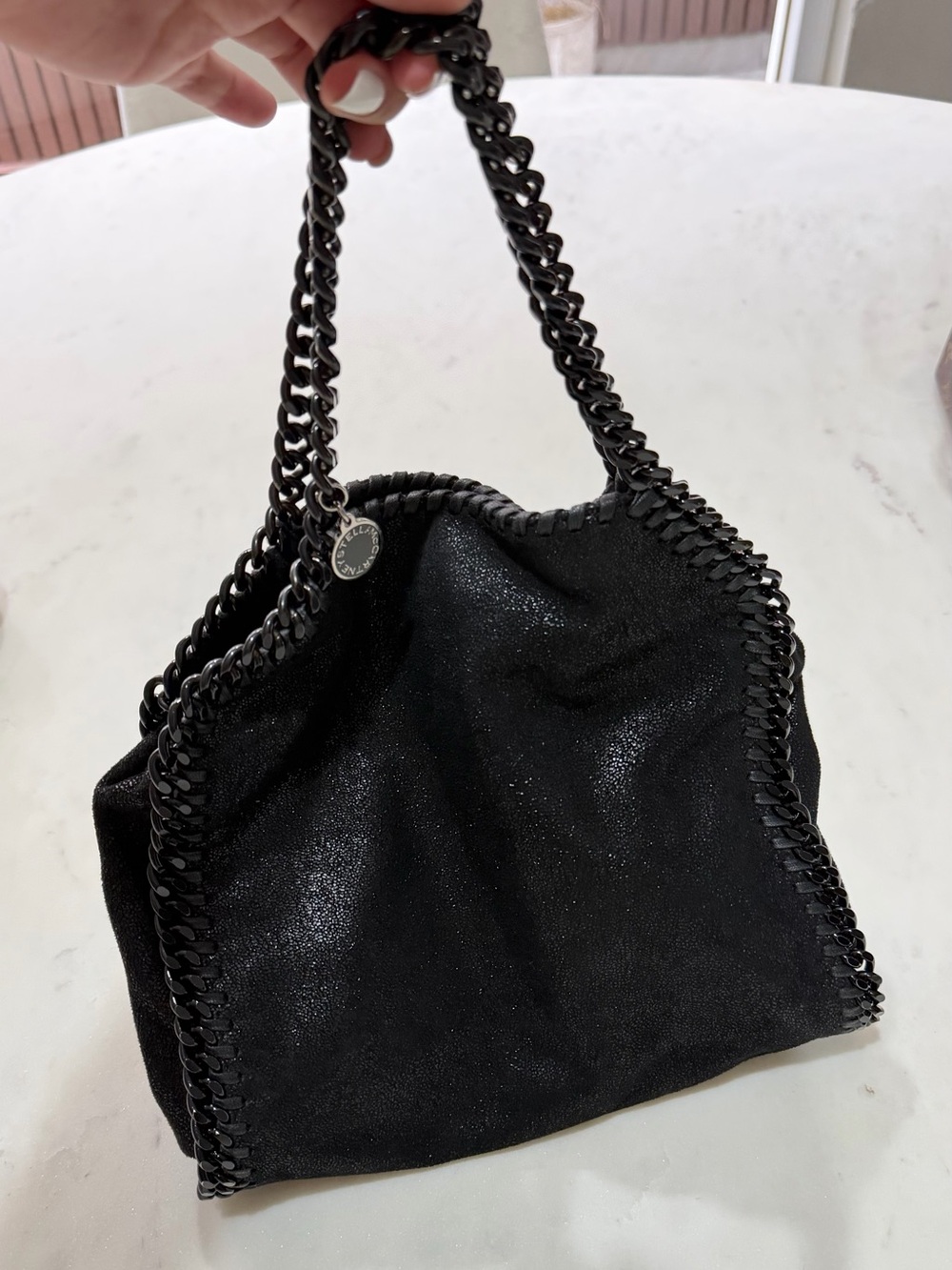 Stella McCartney Black Falabella Shaggy Deer Shoulder Bag with Chain Trim